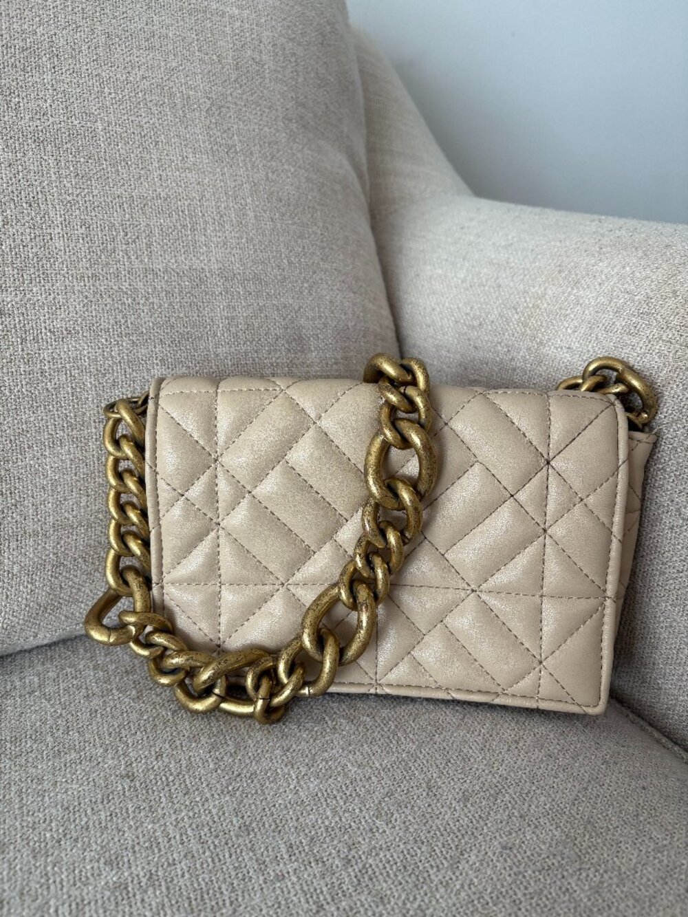 Zara Quilted Mini Shoulder Leather Bag in Beige with Gold Chain